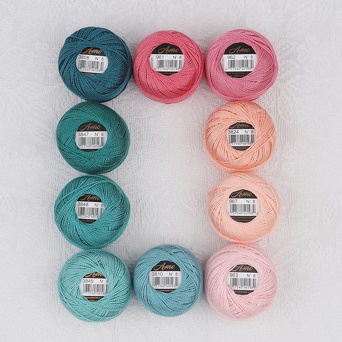 Size 8 Double Mercerized Egyptian Long Staple Cotton Pearl Thread Ball 5 Grams Rainbow Color Embroidery Thread 10 Colors per Box for Crochet Hardanger Cross Stitch Hand Embroidery (Set P)