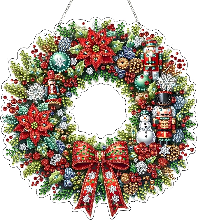 JJFox Diamond Art Hanging Kit for Adult,Special Shaped Rhinestone,Double Sided DIY Acrylic Diamond Art Painting Window Pendants Home Garden Wall Hanging Kits Hanging Ornament (Christmas Wreath)