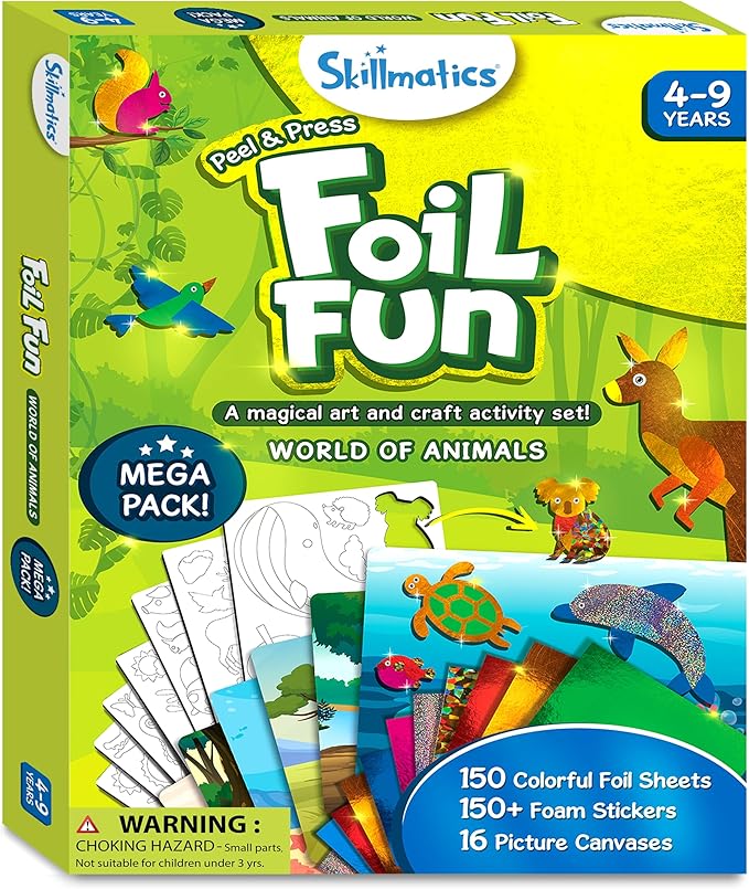 skillmatics foil fun - animals mega pack, no mess art for kids, craft kits & supplies, diy creative activity, travel toys, gifts for boys & girls ages 4, 5, 6, 7, 8, 9, travel toys