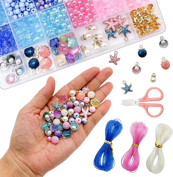 jinnbey ocean series jewelry making looes bead kits, enamel shell starfish pendant bracelet necklace diy crafts material package for bead jewelry enthusiasts,teen gift that stimulate creativity