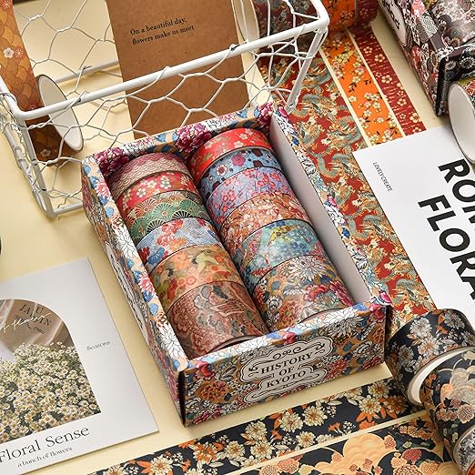 12 Rolls Kyoto Charm Washi Tape Set Japanese Arts Adhesive Tapes Geometric Garden Decorative Masking Tape Sets for Craft, Kids, Scrapbook, DIY, Gift Wrapping (Incense & Fireworks)