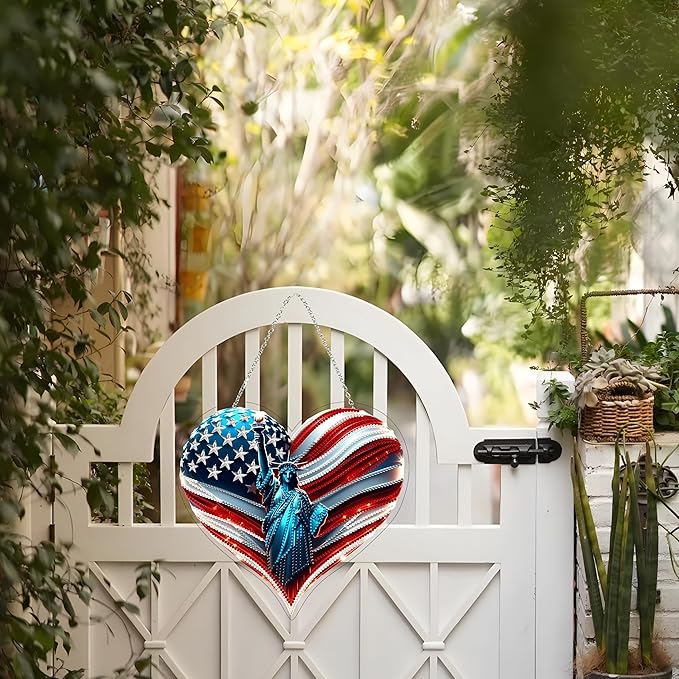 5D Diamond Art Hanging Kit for Adult,Special Shaped Rhinestone,Double Sided DIY Acrylic Diamond Art Painting Window Pendants Home Garden Wall Hanging Kits Hanging Ornament (4Th of July)