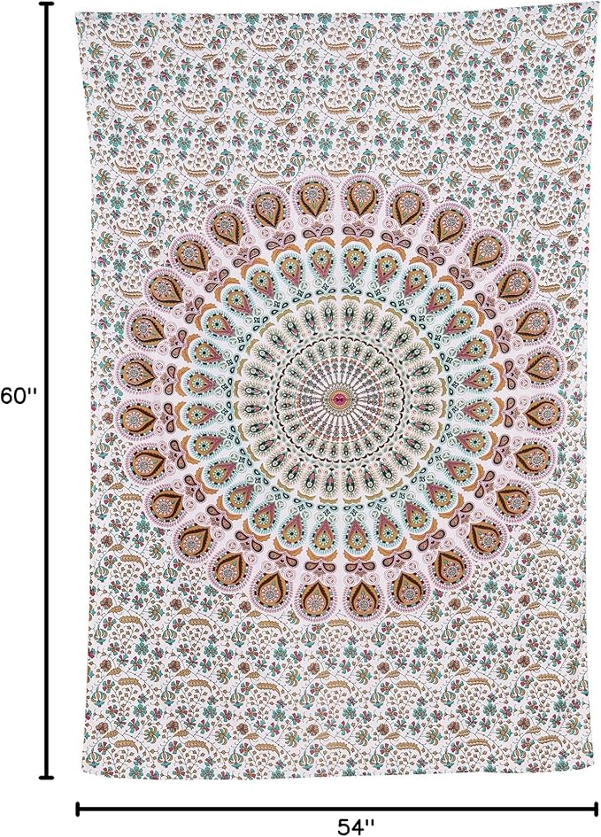 bless international handmade indian hippie bohemian psychedelic peacock mandala wall hanging college dorm beach throws table cloth bedding tapestry (floral gold, medium(54x60inches)(137x152cms))