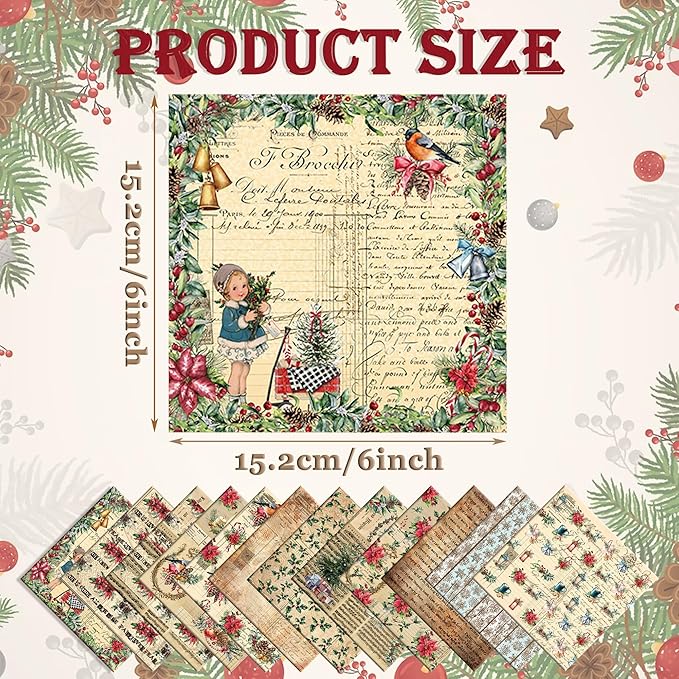 Christmas Pattern Scrapbook Paper, 6 Inch Card Production Supplies, 24 Sheets Single Sided Acid-Free Cardstock Greeting Card, Handmade Gift Journaling Craft Kits (E-style)