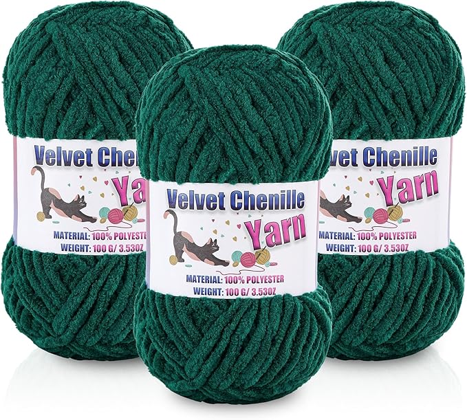 3 * 100g/3.5oz Fluffy Chenille Yarn for Crocheting, Chunky Velvet Yarn for Crochet Amigurumi, Used for Making Baby Yarns Blanket, Clothes, Pattern Knitting Creations (Dark Green)