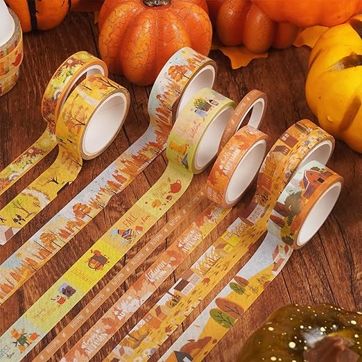 YUBX Autumn Washi Tape Set 18 Rolls Fall Printed Embellishment Yellow Decorative Masking Tapes for Arts, DIY Crafts, Journals, Planners, Scrapbook, Wrapping