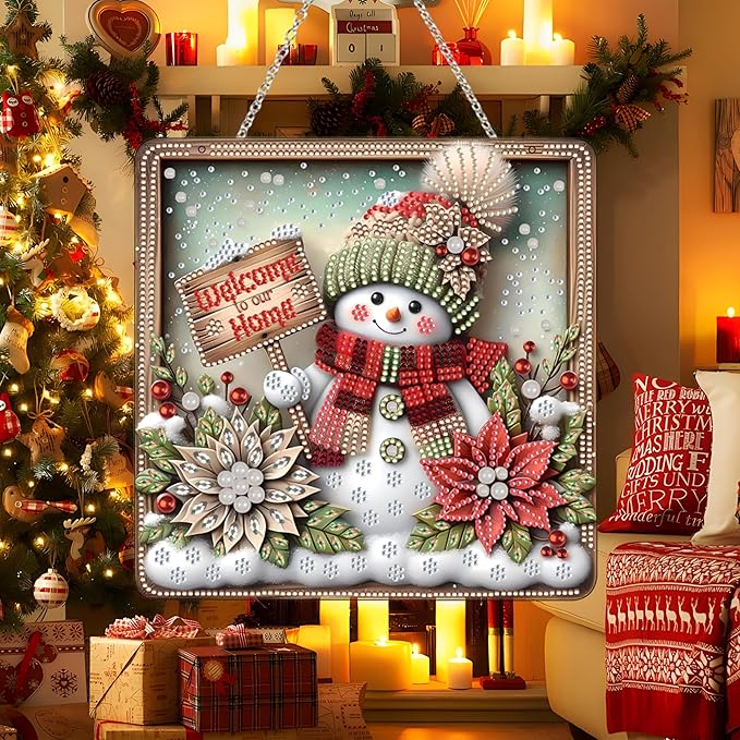 Diamond Art Hanging Kit for Adult,Special Shaped Rhinestone,DIY Acrylic Diamond Art Painting Window Pendants Home Garden Wall Hanging Kits Hanging Ornament,Double Sided. (Christmas Snowman-1)