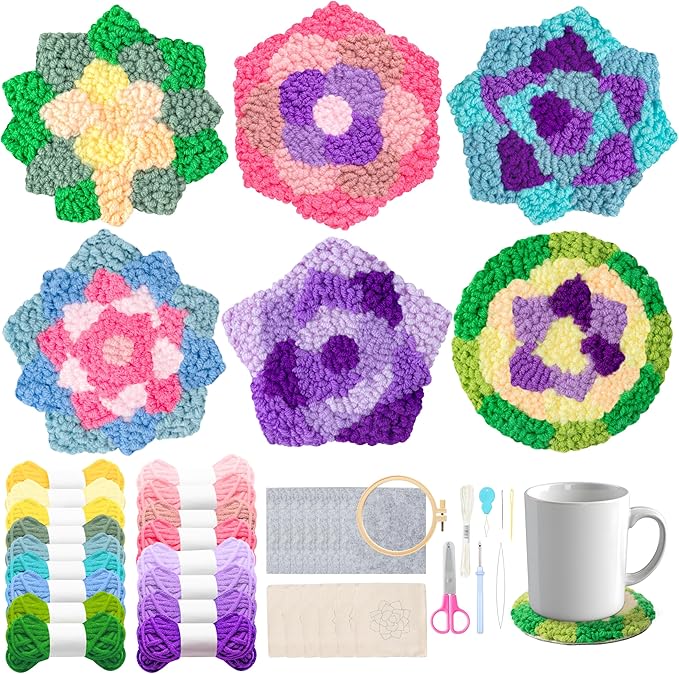 WATINC 22PCS Craft Punch Needle Coaster Kit with Flower Pattern DIY Embroidery Kit for Beginner Easy Embroidery Art and Crafts Needle Coaster with Instruction for Adults