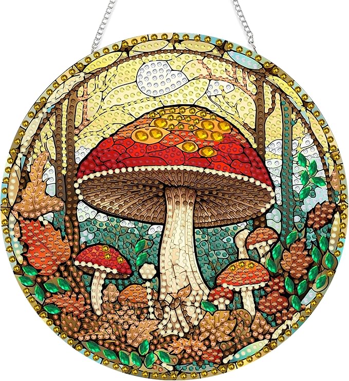 SKRYUIE Mushroom Hanging Diamond Art Kits for Adults Pendant Suncatcher, Special Shaped Crystal DIY Pearl Diamond Painting Kit, Gift for Mother Spring Summer Window Wreath Decor 7.68 x 7.68 Inch A6