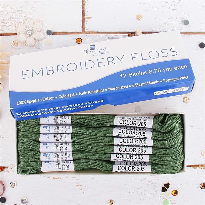 12 Skeins ThreadArt Premium Egyptian Long Fiber Cotton Embroidery Floss | Fern Green | 6 Strand Divisible Thread 8.75yds Each for Hand Embroidery, Friendship Bracelets, Cross Stitch and Crafts