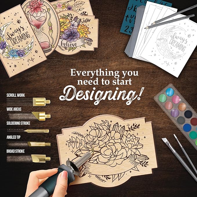 ArtSkills Wood Burning Kit for Beginners, Deluxe Pyrography Wood Engraving Art Set with Burner Pen, Stencils, Watercolor Paints, DIY Tools for Adults and Kids, 48 Pieces