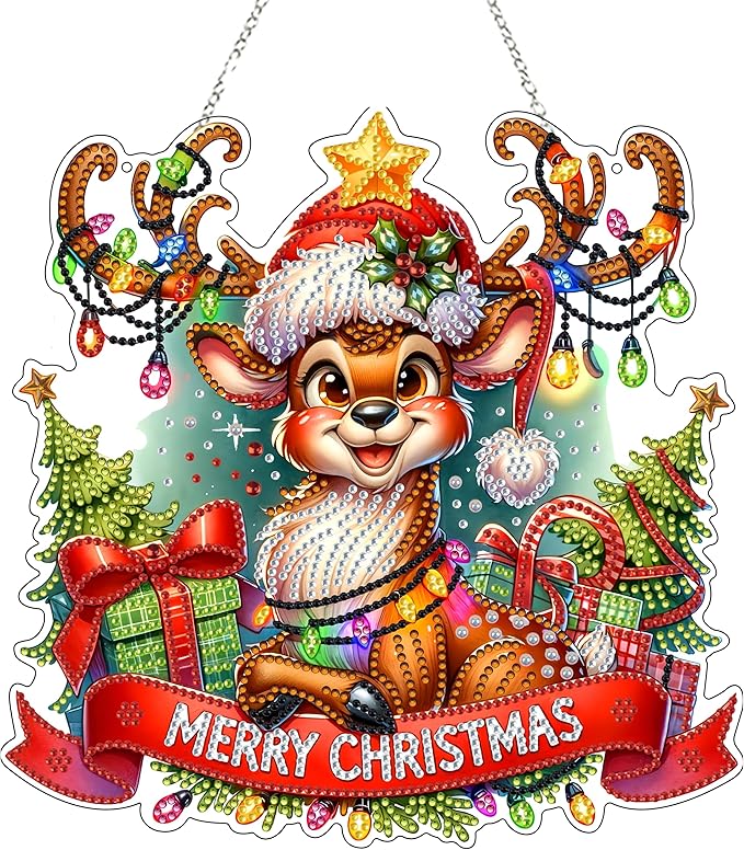 DIY Acrylic Diamond Art Painting Wreath Kits Special Shaped Rhinestone 5D Diamond Art Window Pendants Home Garden Wall Hanging Kits Hanging Ornament (Merry Christmas)