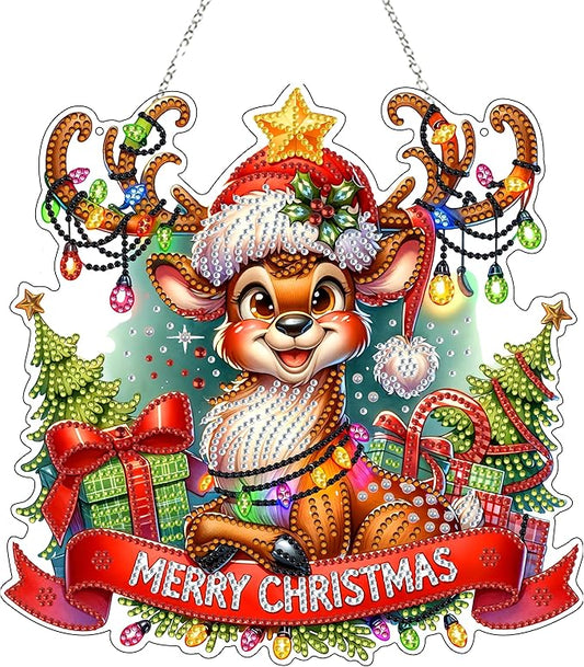DIY Acrylic Diamond Art Painting Wreath Kits Special Shaped Rhinestone 5D Diamond Art Window Pendants Home Garden Wall Hanging Kits Hanging Ornament (Merry Christmas)