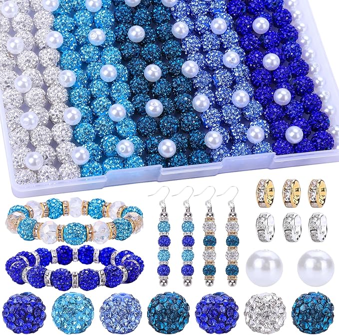 AIPRIDY Jewelry Making Beads Set, 300 PCS 10mm Rhinestone Clay Beads, 8mm Mixed Color Spacer Beads with Pearl and Floral Beads for DIY Jewelry Making (White + Blue Series)