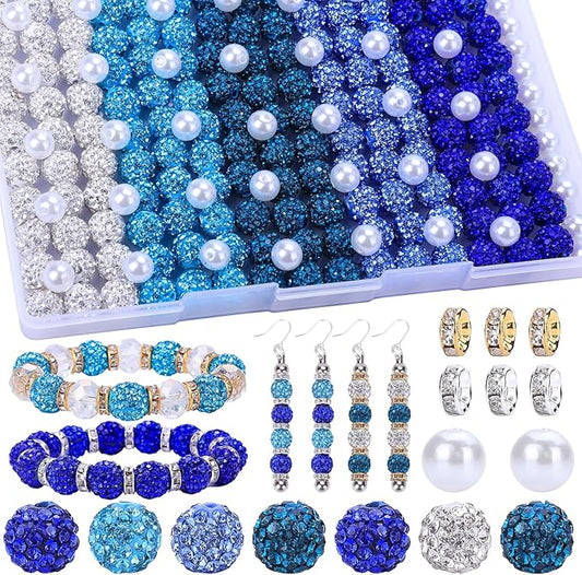 AIPRIDY Jewelry Making Beads Set, 300 PCS 10mm Rhinestone Clay Beads, 8mm Mixed Color Spacer Beads with Pearl and Floral Beads for DIY Jewelry Making (White + Blue Series)