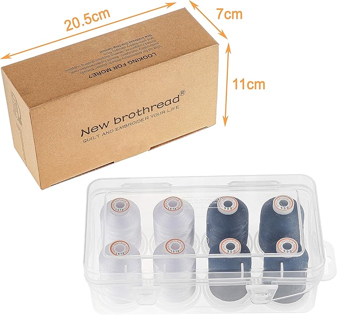 New brothread Polyester Embroidery Machine Thread 1000m Each with Clear Plastic Storage Box for Embroidery & Quilting - 4xSnow White+4xBlack