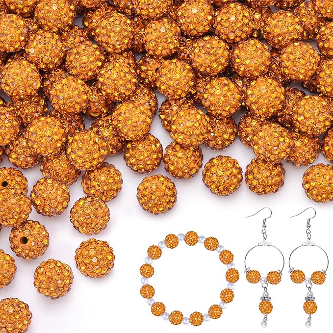 200pcs 10mm Golden Rhinestone Beads for Jewelry Making, Shiny Round Shamballa Disco Ball Beads Bulk, Sparkle Crystal Clay Christmas for Bracelet Baseball Necklace Earring Crafting and DIY