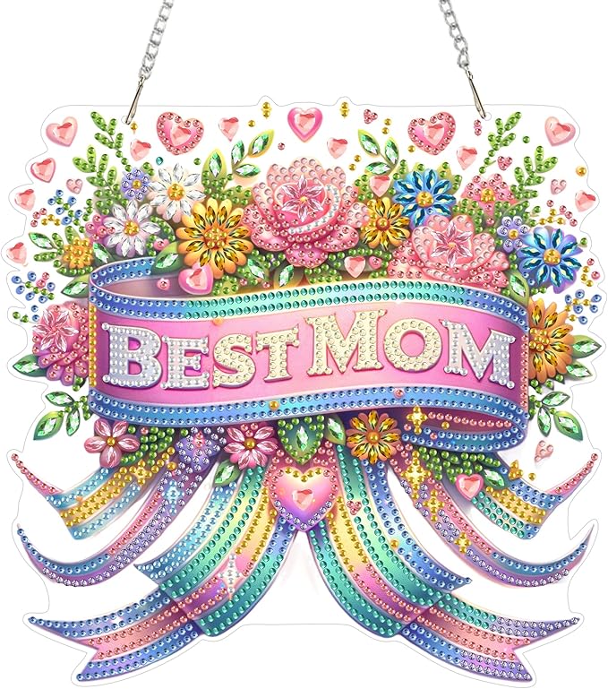 Aeepics Hanging Diamond Art Kit for Adult Mother's Day, DIY Diamonds Painting Pendant Ornament Kit, Acrylic Diamond Art Painting Board Kit (Best Mom)