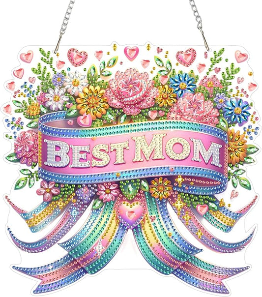 Aeepics Hanging Diamond Art Kit for Adult Mother's Day, DIY Diamonds Painting Pendant Ornament Kit, Acrylic Diamond Art Painting Board Kit (Best Mom)