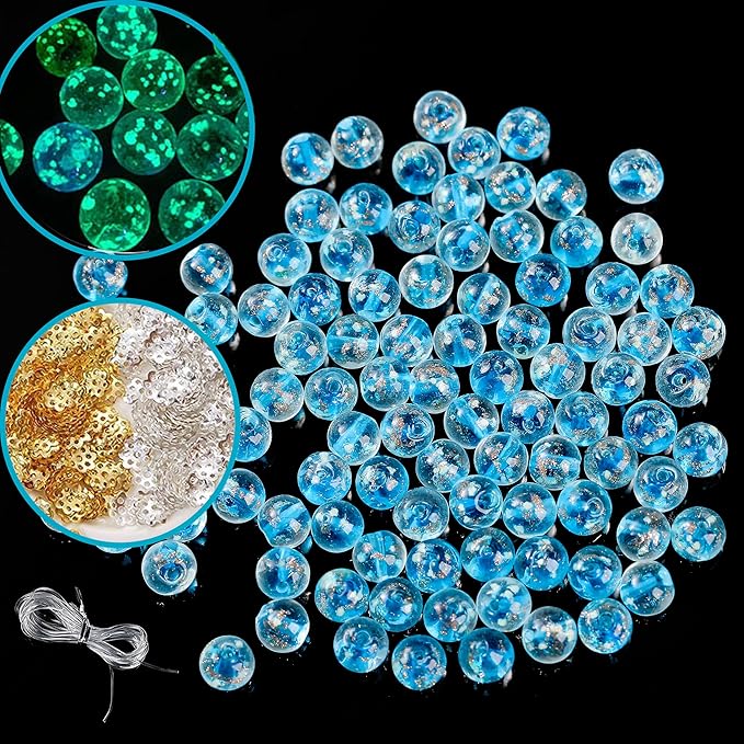 200 PCS 8mm Glow in The Dark Beads Bulk Round Luminous Glass Beads with Holes for Jewelry Making Bracelets Earrings Necklace Glow Loose Spacer Ball Bead DIY Craft Kit