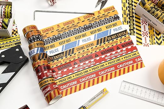 12 Rolls Warning Washi Tape Set Hazard & Caution Pattern Adhesive Tapes Police Line & Industrial Style Decorative Masking Tape for Craft, Scrapbook, DIY, Gift Wrapping (Urban Warning)