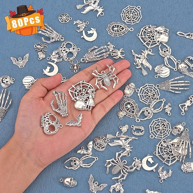 WEWAYSMILE 80Pcs Halloween Charm Pendant Antique Silver Bat, Spider Witch, Skull Mixed BulK Halloween Charm for Jewelry Making DIY Necklace Bracelet Earring Accessories