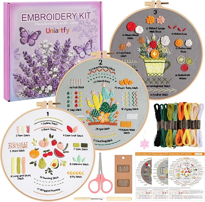 Embroidery Kit for Adult Beginners, 3 Pack Embroidery Stitches Practice Kit to Learn 31 Stitches, with Step-by-Step Instructions & Videos, Tools, DIY Needlework Craft Gift for Craft Lovers Women