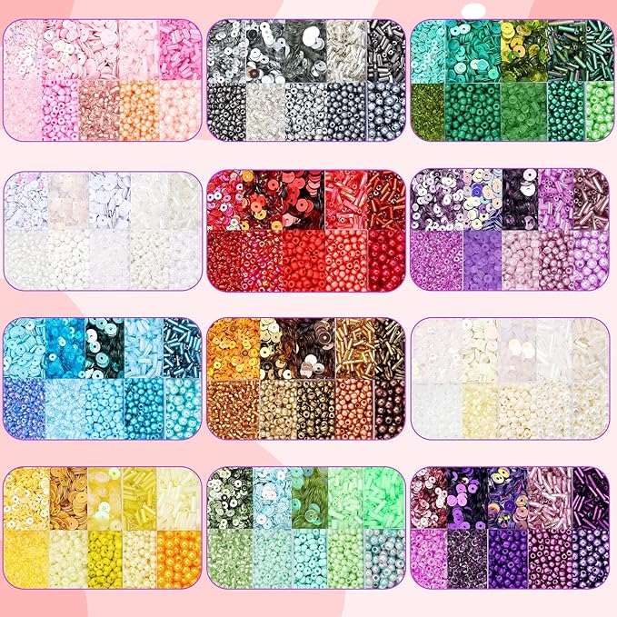 Assorted Beads for Jewelry Making, Glass Seed Bugle Tube Beads Loose Sequins Multiple Sizes for Crafts Sewing Jewelry Making