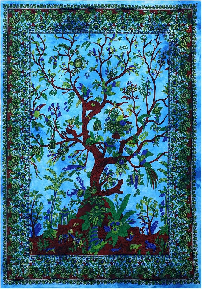 the art box tapestry turquoise tree of life wall hanging – indian cotton small-size bedspread, picnic sheet, wall decor, blanket, wall art for bedroom (30x40 inch)