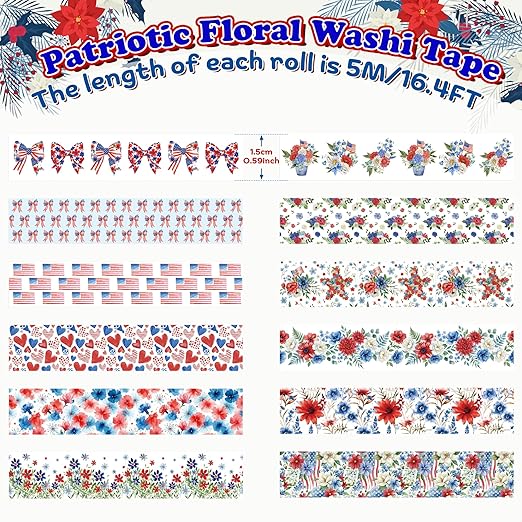 Patriotic Floral Washi Tape - 12 Rolls Red White Blue Flower Designs Acid Free Repositionable Adhesive Paper for Scrapbook Gift Wrapping Card Making Journal Independence Veterans Day Crafts