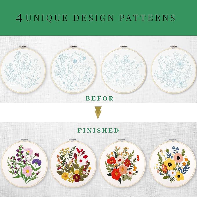 sevfan 4 sets embroidery kit for beginners adults,needlepoint kits for adults with easy stamped floral pattern fabric hand crafts,bamboo hoop,needle,cloth,embroidery kit for decor home room (flower-3)