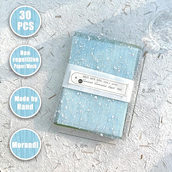 30Pcs Handmade Textured Scrapbook Paper&Mesh Fabric set - Unique A5 sheet Craft Mulberry Special Rice Paper Mix for Scrapbooking Junk Journaling Supplies Card Collage DIY Materials, 5.8x8.2 inches