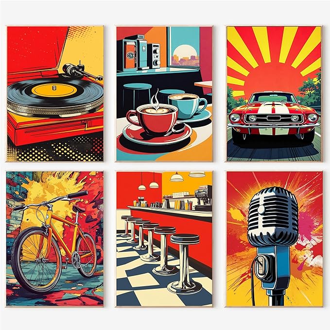 cupmod 6 Packs Vintage Paint by Numbers Kit for Adults,Retro Funny Adults Paint by Number Kits on Canvas Without Frame,Easy Acrylic Oil Painting by Numbers Kit for Home Wall Decor 9.8x13.8inch