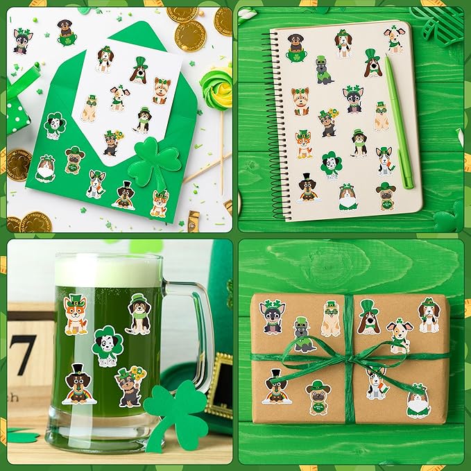 h1vojoxo st. patrick's day sticker rolls - 1000pcs irish shamrock holiday cartoon dog stickers for kid 16 design st. patrick's cute dog sticker for craft st. patrick cartoon dogs stickers for envelope
