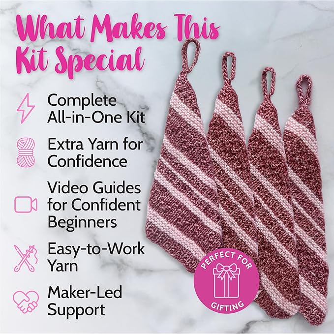 KnitPal Everyday Joy Knitting Kit – Make 4 Reusable Dishcloths for Confident Beginners – Cotton to The Core Yarn (#3 DK), Needles, Patterns & Video Tutorials (Cherry Red + Blush Pink)