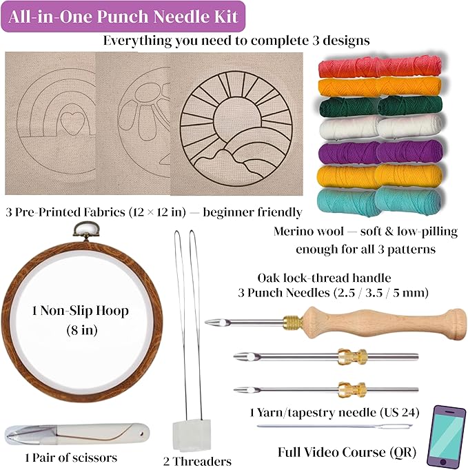 Zyrose Punch Needle Kit for Beginners & Adults, Printed Fabric, 8" Non-Slip Hoop, 3 Interchangeable Needles, Premium Merino Yarn – Complete Starter Set – Joyful Days