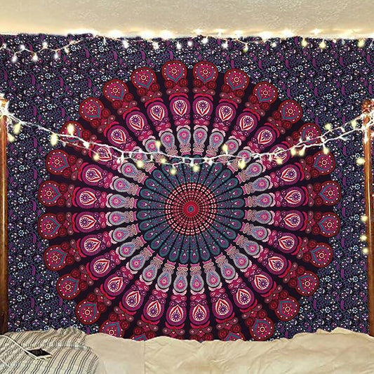 bless international handmade indian hippie bohemian psychedelic peacock mandala wall hanging college dorm beach throws table cloth bedding tapestry (purple pink, king(88x104inches)(225x265cms))