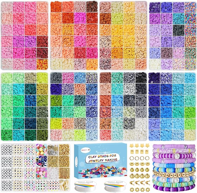 Redtwo 28000 Pcs Clay Beads Bracelet Making Kit, 192 Colors 9 Boxes Flat Polymer Heishi Beads Set for Friendship Jewelry Making with Pendant Charms Crafts Gifts for Girls Ages 6-12 Kids Adults