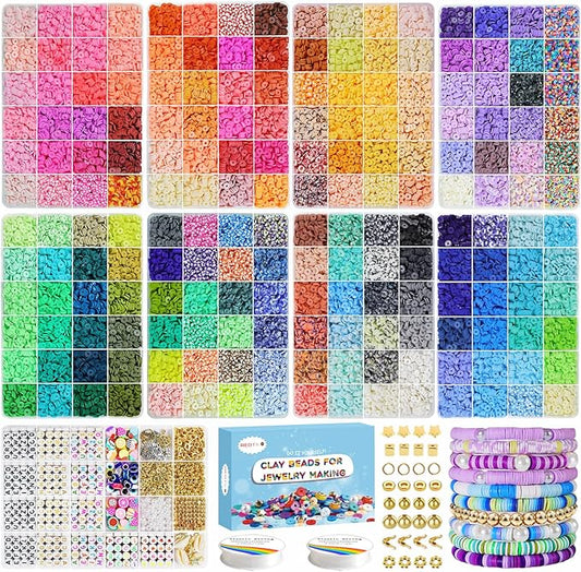Redtwo 28000 Pcs Clay Beads Bracelet Making Kit, 192 Colors 9 Boxes Flat Polymer Heishi Beads Set for Friendship Jewelry Making with Pendant Charms Crafts Gifts for Girls Ages 6-12 Kids Adults