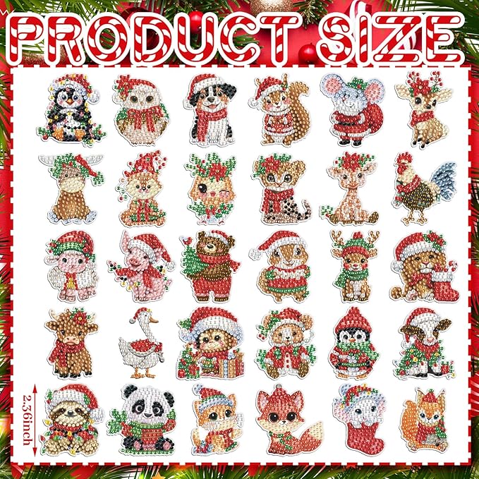 Xuhal 30 Pcs Christmas Diamond Painting Magnets Christmas Animal Diamond Art Magnet Kits for Adults Cute 5D Rhinestone Xmas Santa Hats Animal Refrigerator Magnetic Sticker for DIY Craft Fridge Gifts