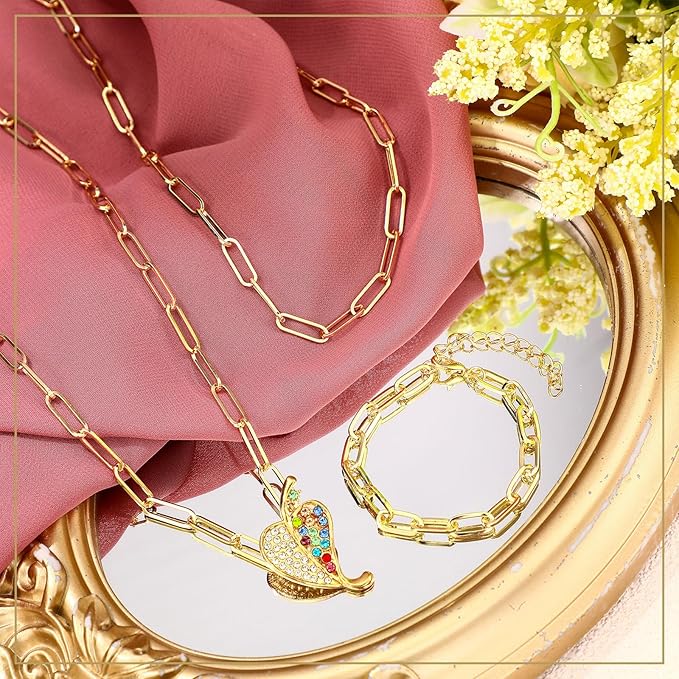 Landical 20 Pcs Charm Necklace Bracelets Making Kit Paperclip Chain Valentines DIY Jewelry Making Supplies Paperclip Link Necklaces with Lobster Clasps for Women Men Bulk Gifts(Gold,20 Inches)