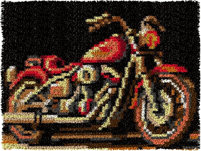 LAPATAIN Latch Hook Kits for Adults,Harley Motorcycle Pattern Color Printed Canvas DIY Rug Kits Carpet Embroidery Sofa Cushion,Beginners Handmade Needlework Crafts Home Decoration 20.5x15inch LT1