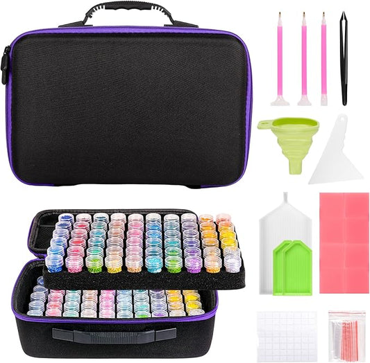 MERATIA 120 Slots Diamond Painting Storage Container, Diamond Art Kits for Adults Stackable Bead Organizer with Carrying Handle, Craft Storage Box with Accessories (Purple-120 Slots)
