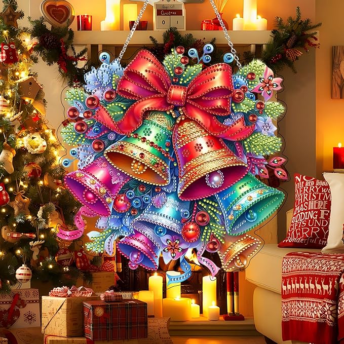 JJFox DIY Acrylic Diamond Art Painting Wreath Kits Special Shaped Rhinestone Diamond Art Window Pendants Home Garden Wall Hanging Kits Hanging Ornament (Christmas Bell)