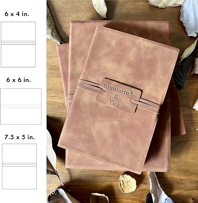 tumuarta Deckle Edge Watercolor Paper Square Sketchbook, 100% Cotton Vintage Leather Journal, 140 Lb, 300 GSM, 24 Sheets Handmade Diary for Mixed Media Techniques. (Brown, 6"x6")