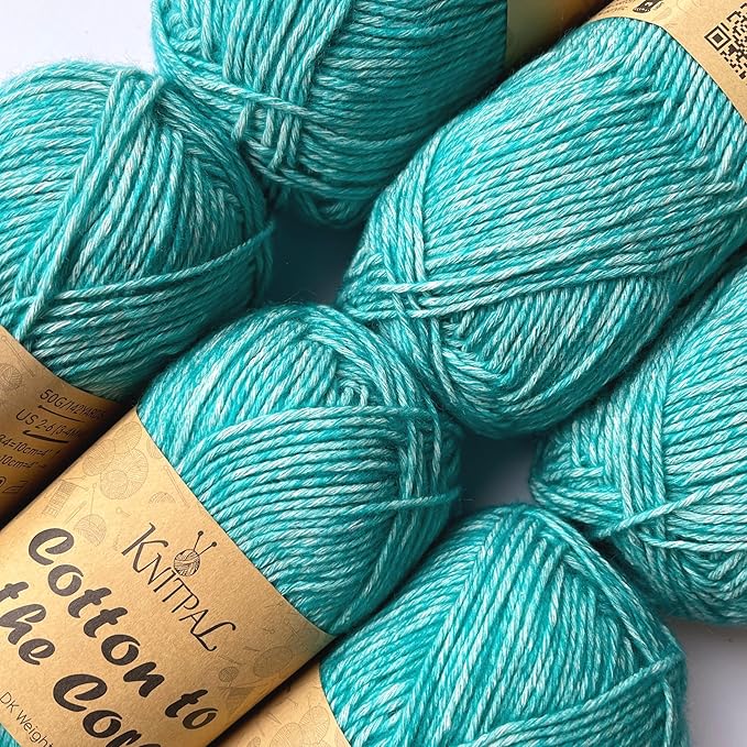 Cotton to The Core Cotton Yarn for Crocheting, 6-Pack (852 Yds / 300G), Free Patterns, Beginners Friendly - Soft Baby Yarn for Knitting - 3 DK Light Worsted Weight - Cyan Blue
