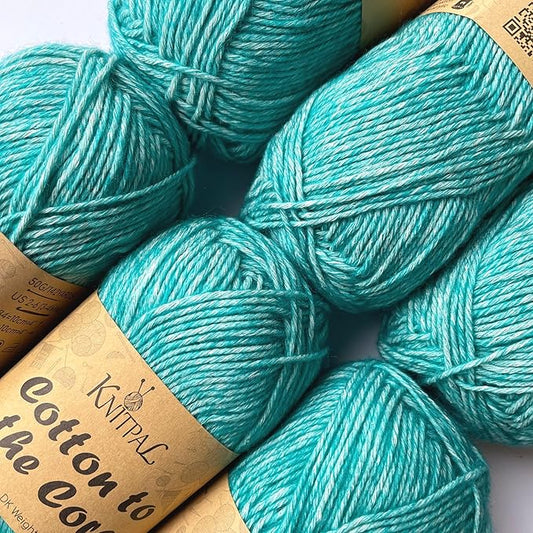 Cotton to The Core Cotton Yarn for Crocheting, 6-Pack (852 Yds / 300G), Free Patterns, Beginners Friendly - Soft Baby Yarn for Knitting - 3 DK Light Worsted Weight - Cyan Blue