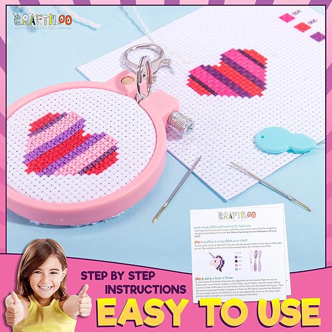 CRAFTILOO Cross Stitch Kit for Kids - 5 Easy Stamped Cross Stitch Kits for Beginners | Embroidery Kit for Girls Ages 7-13 | Needlepoint Craft Set, Backpack Charms & Keychains
