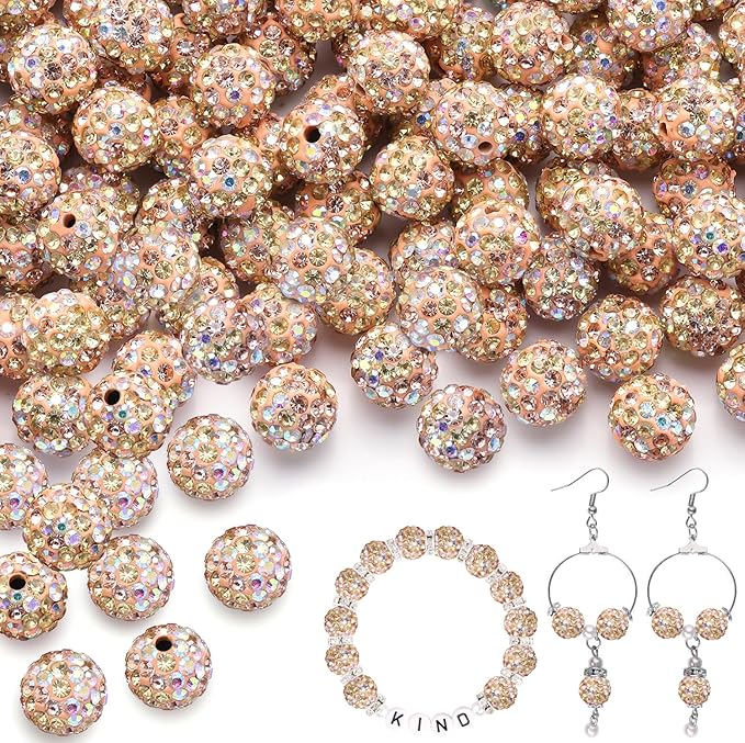 200pcs 10mm Light Peach AB Rhinestone Beads for Jewelry Making, Shiny Round Shamballa Disco Ball Beads, Sparkle Crystal Clay Christmas for Bracelet Baseball Necklace Earring Crafting and DIY