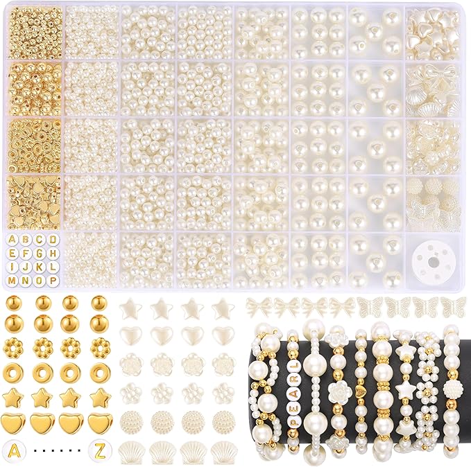 1860pcs Pearl Beads for Jewelry Making, 5 Sizes Round Pearls Bracelet Making Kit, Pearl Beads with Gold Spacer Bead Letter Star Heart Bow Bead for Necklaces Earrings DIY Crafts